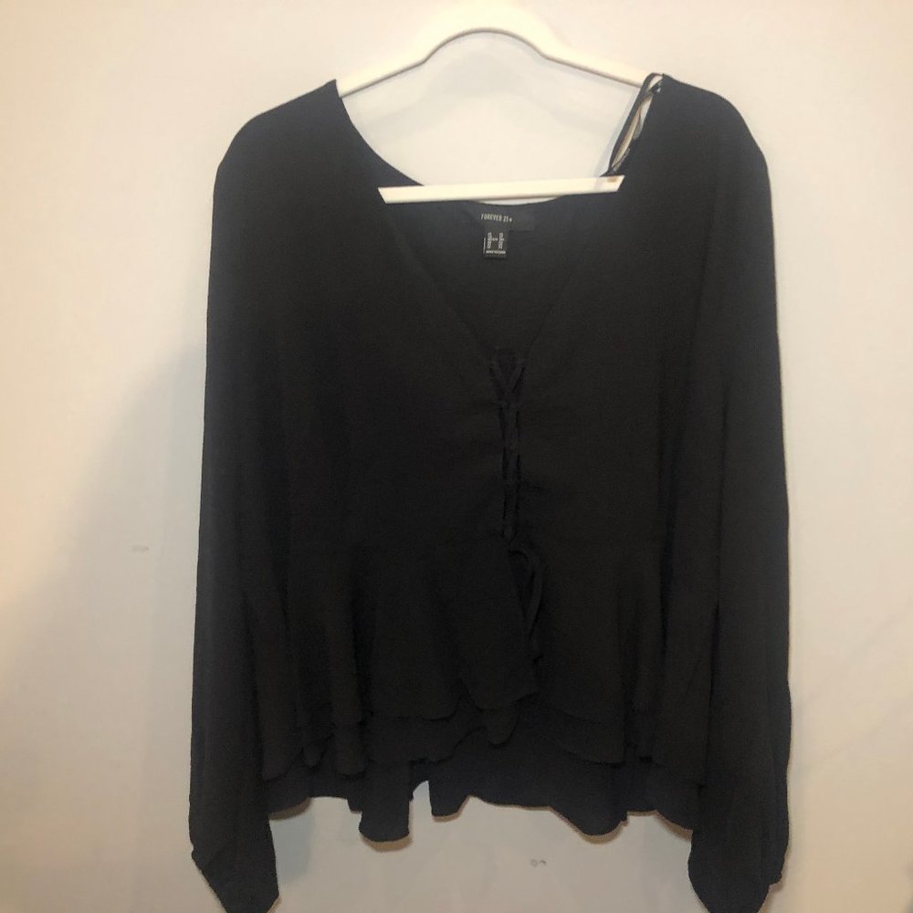 Forever 21 (3X) black front tie up long sleeve top